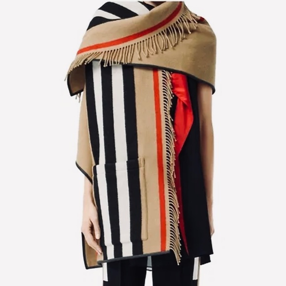 Burberry Wool & Cashmere Blend Icon Stripe Pocket Cape With Leather Trim… - Picture 6 of 15